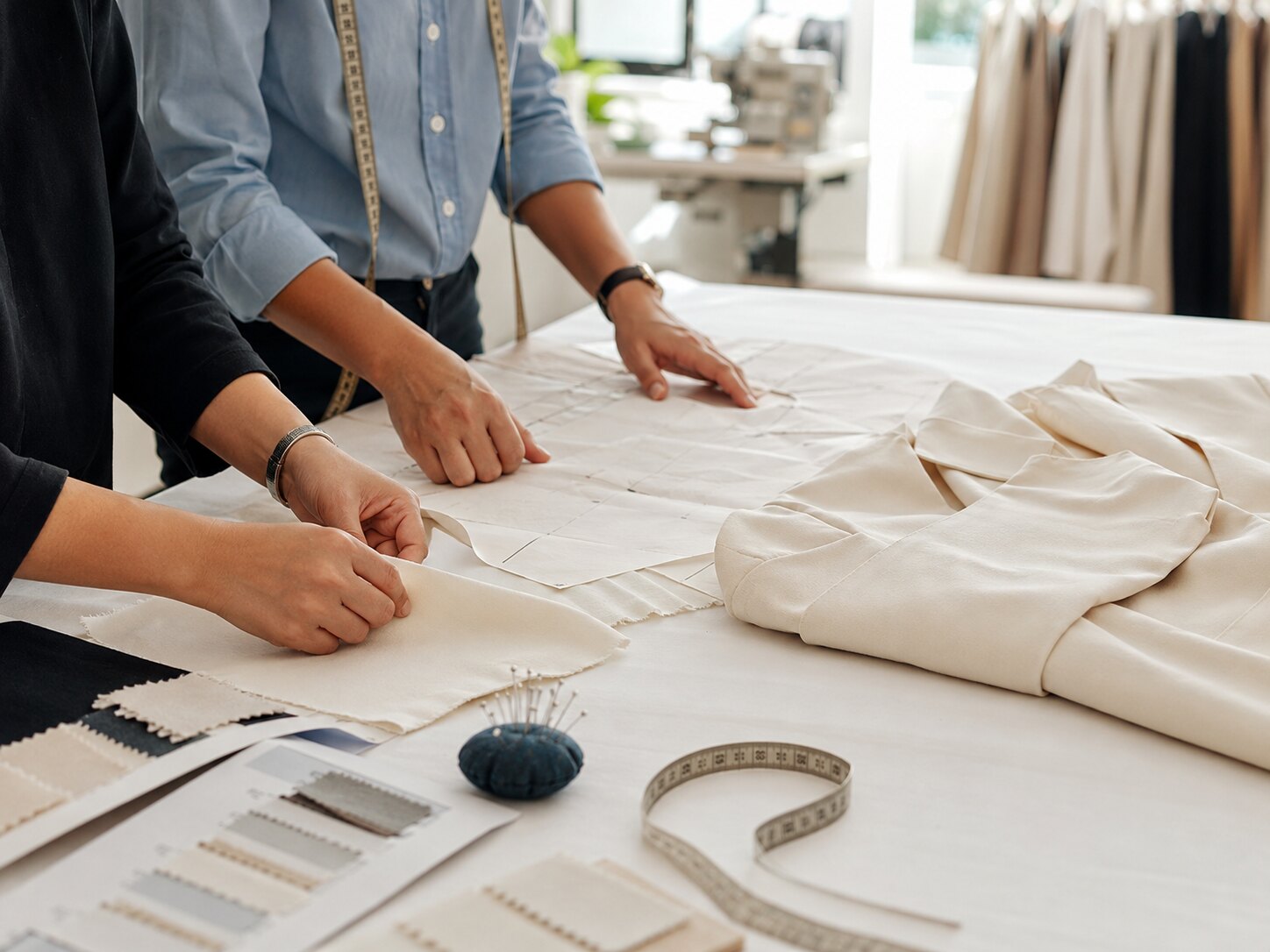 Garment development studio with clothing samples